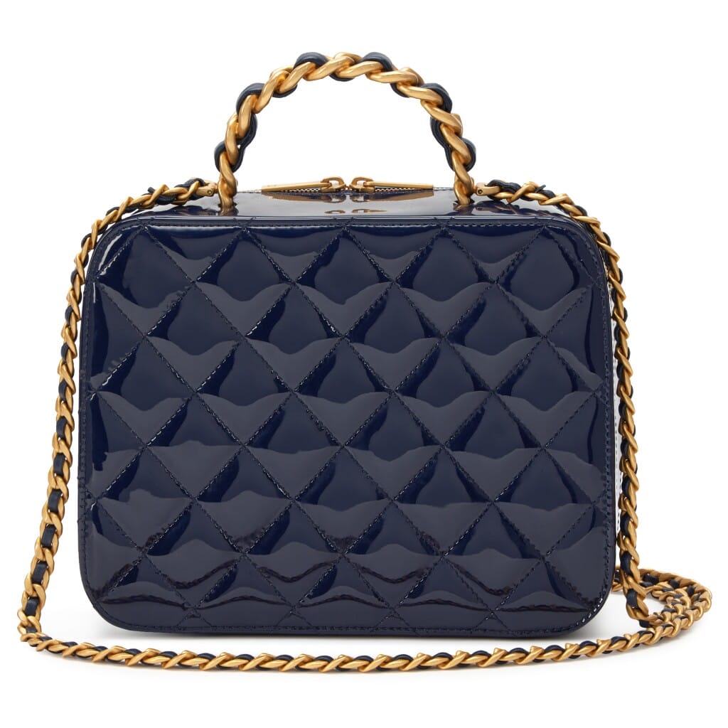 Navy Blue Patent Quilted Top Handle Vanity Case Aged Gold Hardware, 2022