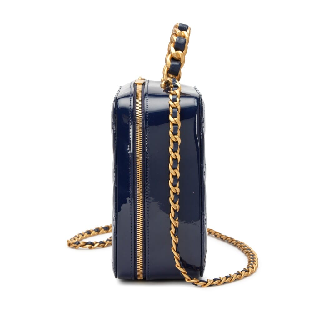 Navy Blue Patent Quilted Top Handle Vanity Case Aged Gold Hardware, 2022