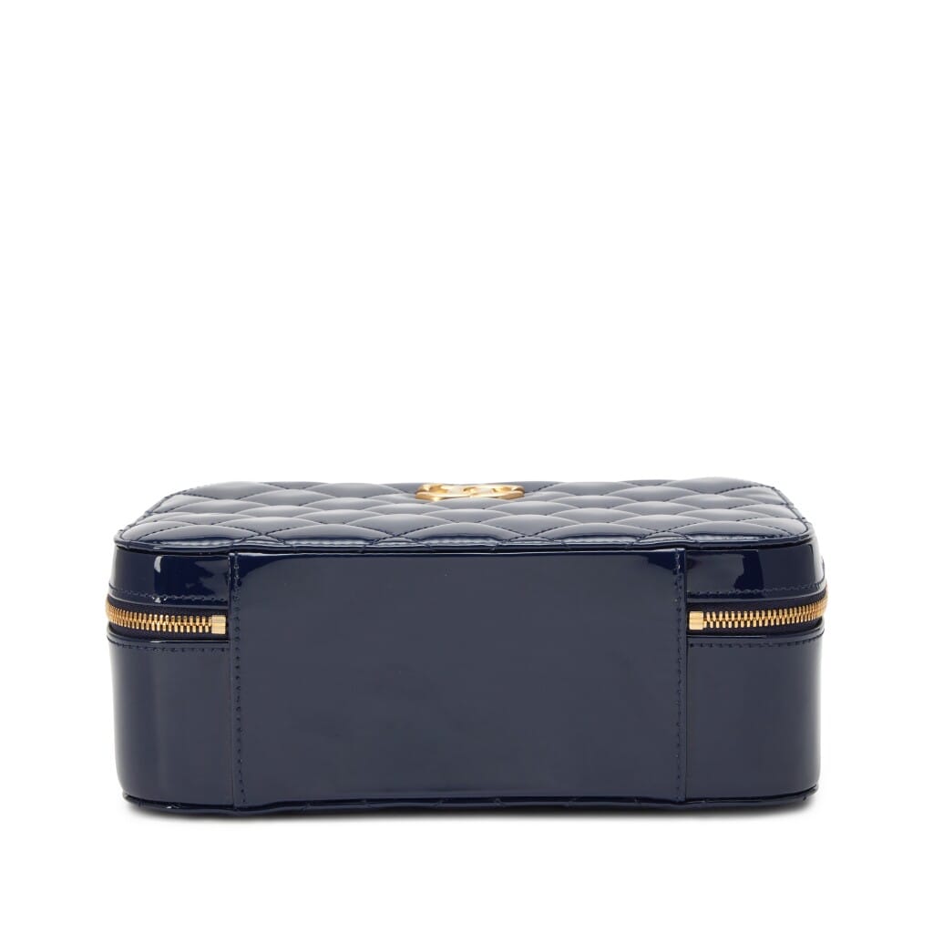 Navy Blue Patent Quilted Top Handle Vanity Case Aged Gold Hardware, 2022