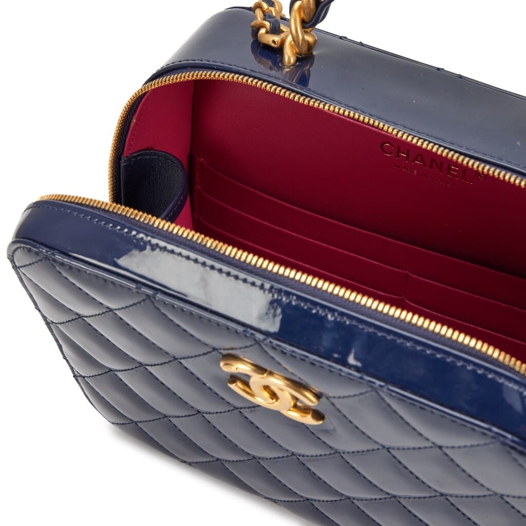 Navy Blue Patent Quilted Top Handle Vanity Case Aged Gold Hardware, 2022