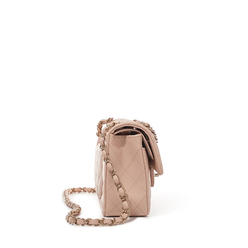 Pink Quilted Caviar Small Classic Double Flap Bag Pale Gold Hardware