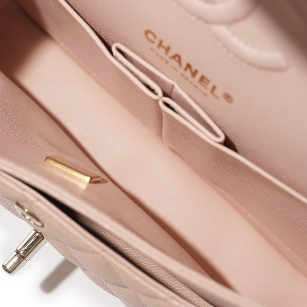 Pink Quilted Caviar Small Classic Double Flap Bag Pale Gold Hardware