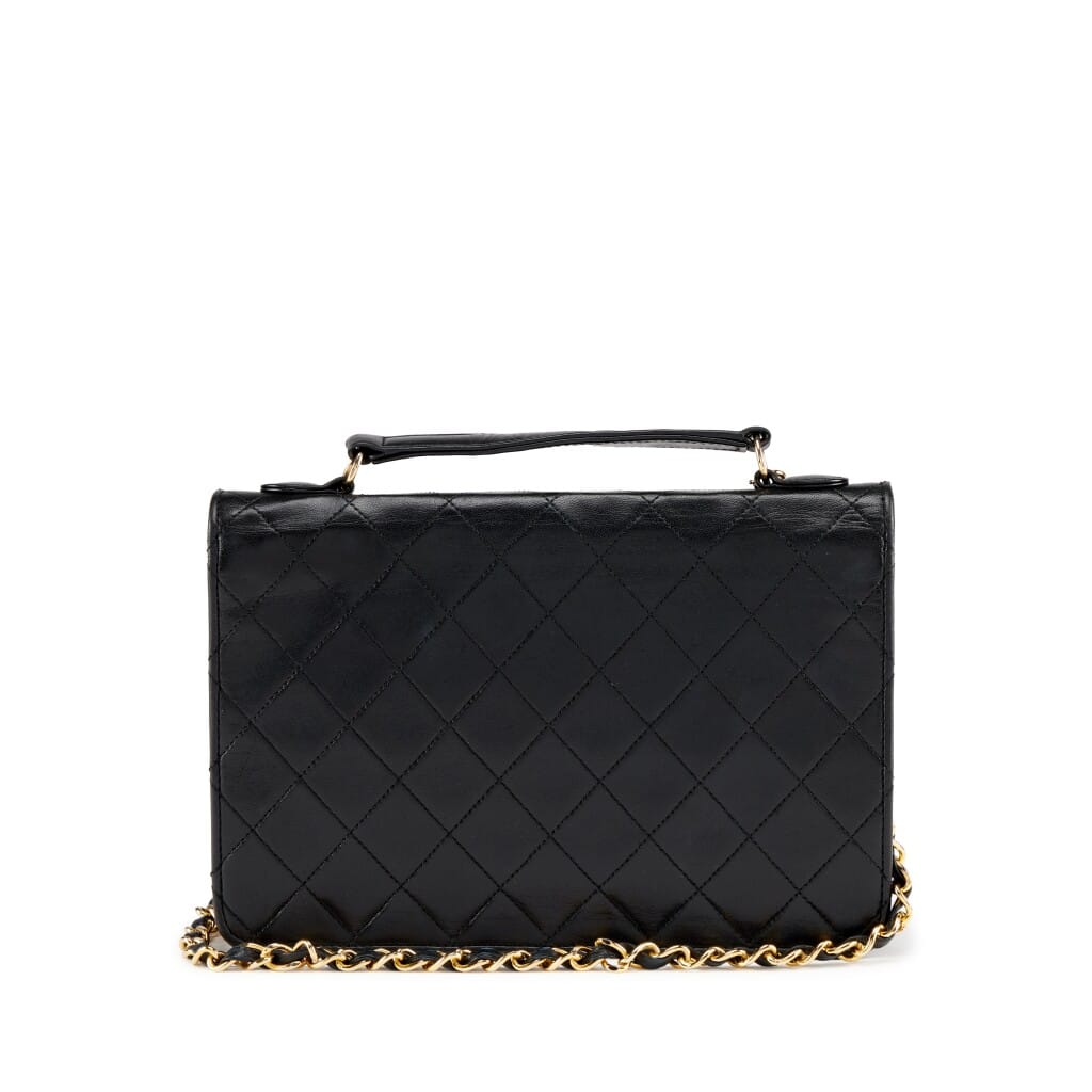 Black Quilted Lambskin Double CC Turn Lock Cambon Charm Mini Briefcase Bag Gold Hardware, 1989-1991