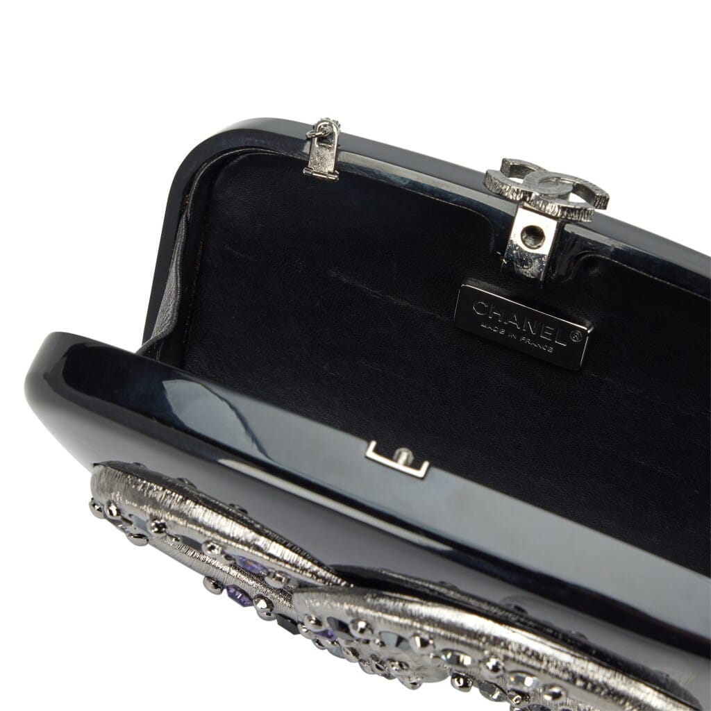 Black Acrylic Multicolor Crystal Embellished Minaudière Box Clutch with Chain Ruthenium Hardware, 2005-2006