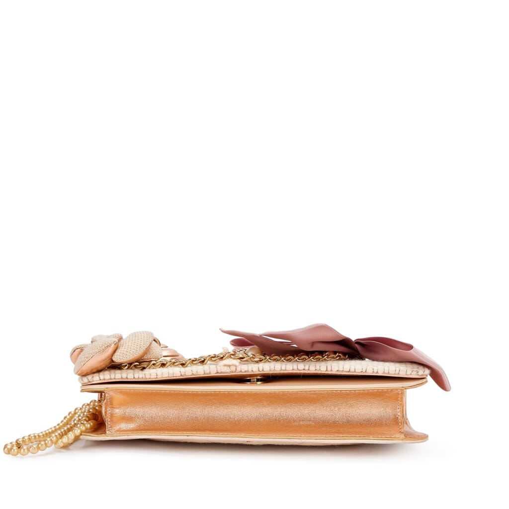 Beige and Pink Lambskin, Tweed, Imitation Pearl, Ribbon and Camellia Flap Bag Gold Hardware, 2002-03