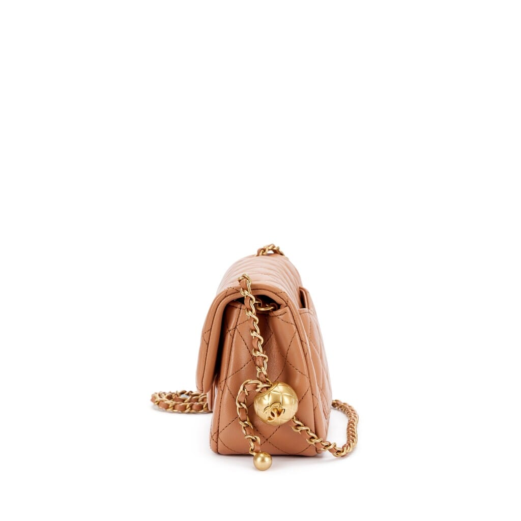 Brown Quilted Lambskin Mini Pearl Crush Flap Bag Aged Gold Hardware