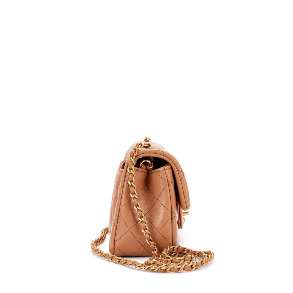 Brown Quilted Lambskin Mini Pearl Crush Flap Bag Aged Gold Hardware