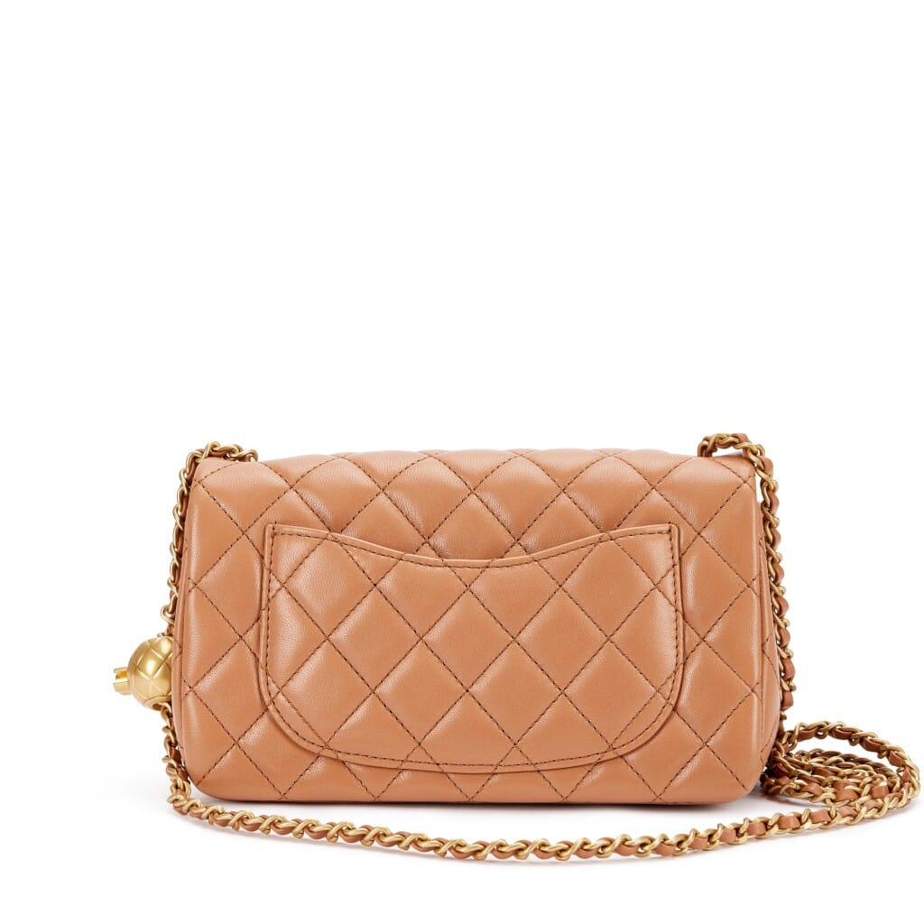 Brown Quilted Lambskin Mini Pearl Crush Flap Bag Aged Gold Hardware
