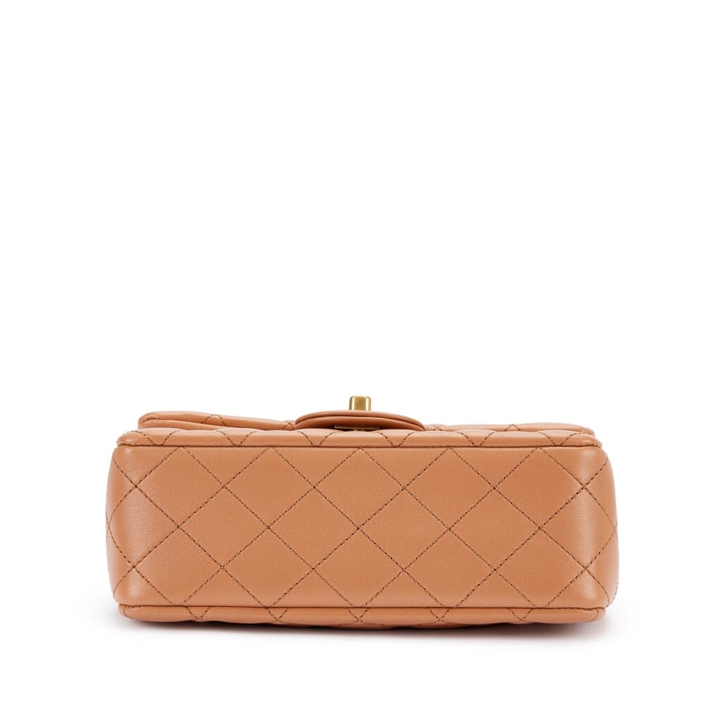 Brown Quilted Lambskin Mini Pearl Crush Flap Bag Aged Gold Hardware