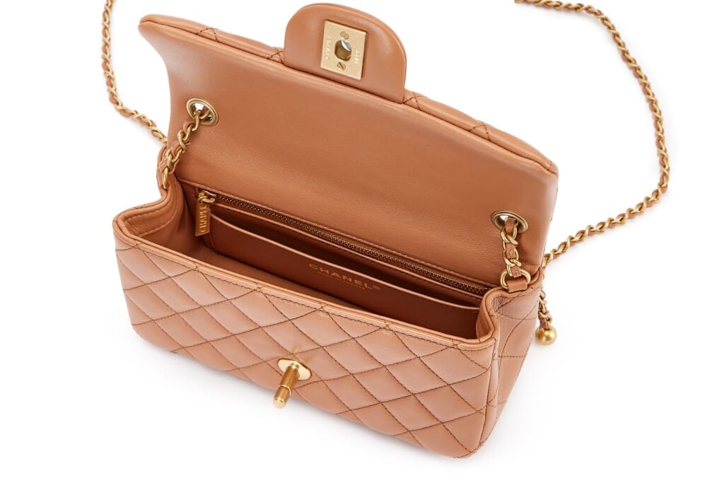 Brown Quilted Lambskin Mini Pearl Crush Flap Bag Aged Gold Hardware