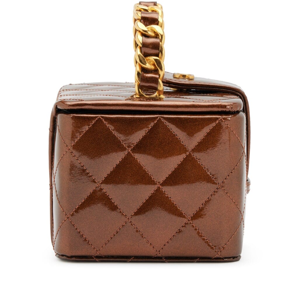 Metallic Bronze Quilted Patent Mini Square Vanity Case Bag Antique Gold Hardware, 1994-1996