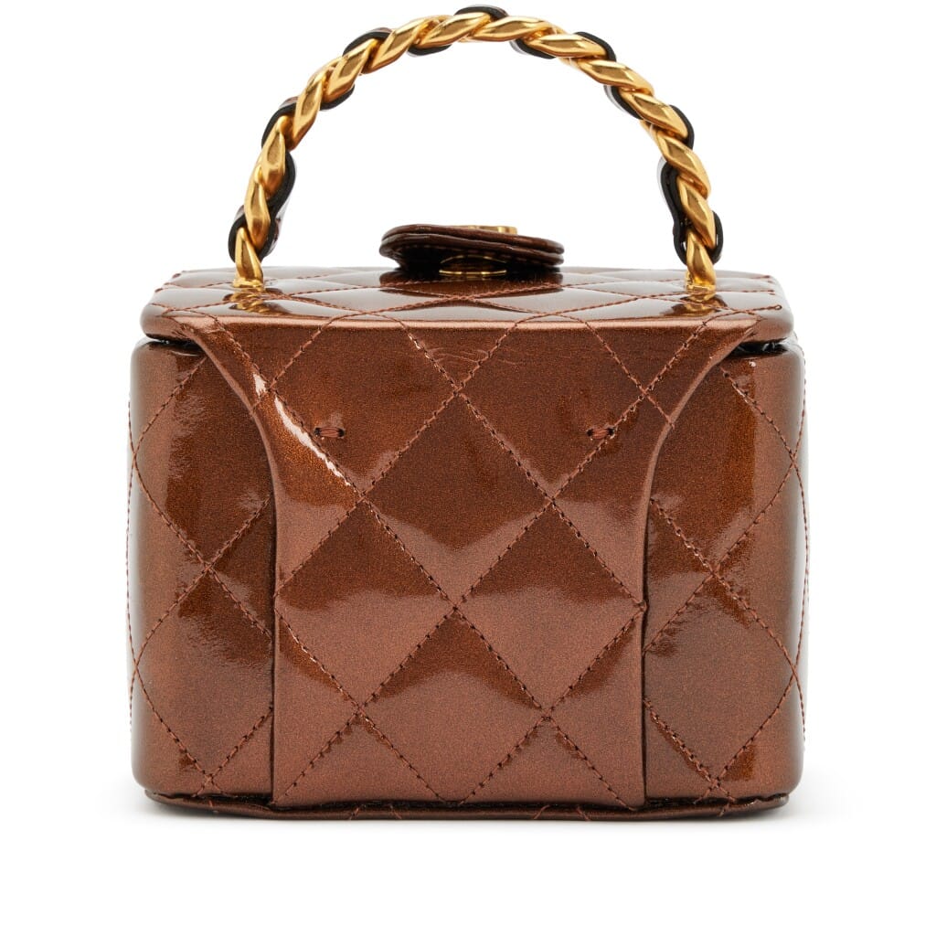 Metallic Bronze Quilted Patent Mini Square Vanity Case Bag Antique Gold Hardware, 1994-1996