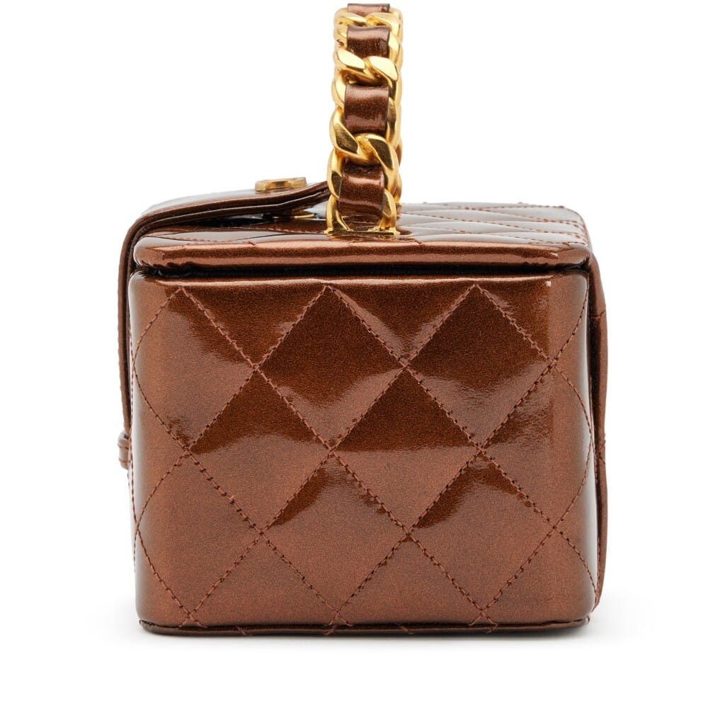 Metallic Bronze Quilted Patent Mini Square Vanity Case Bag Antique Gold Hardware, 1994-1996