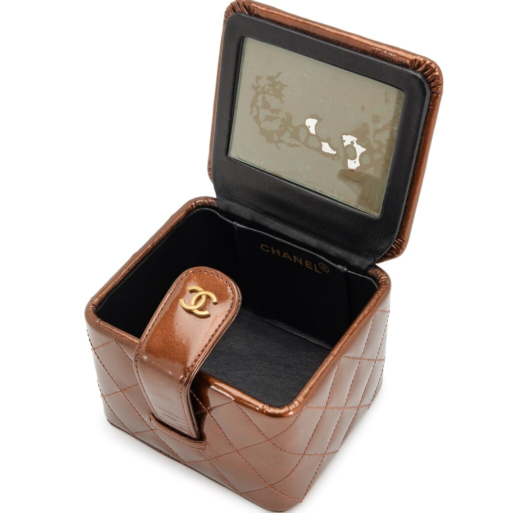 Metallic Bronze Quilted Patent Mini Square Vanity Case Bag Antique Gold Hardware, 1994-1996