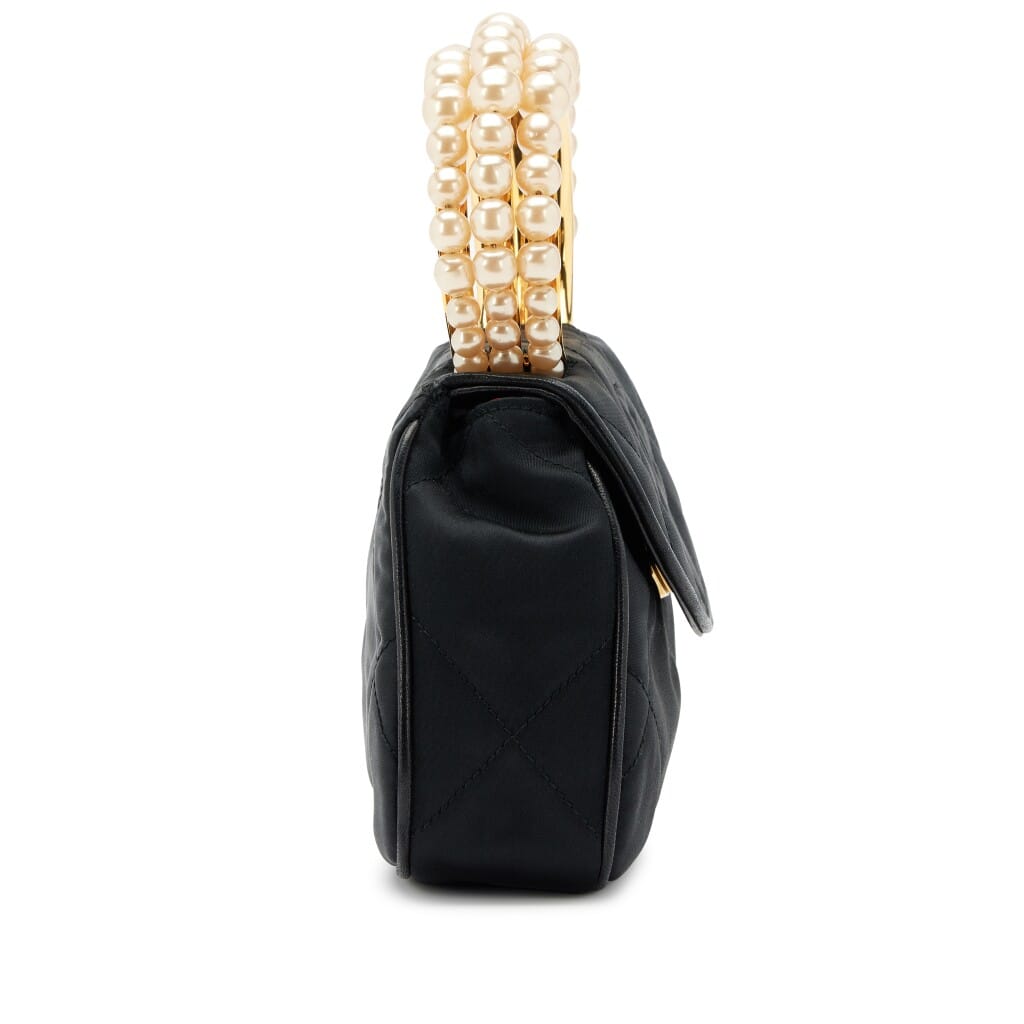 Black Diamond Quilt Satin Imitation Pearl Bracelet Handle Mini Evening Flap Bag Gold Hardware, 1989-1991