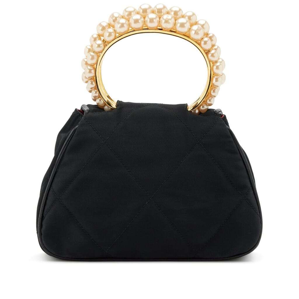 Black Diamond Quilt Satin Imitation Pearl Bracelet Handle Mini Evening Flap Bag Gold Hardware, 1989-1991