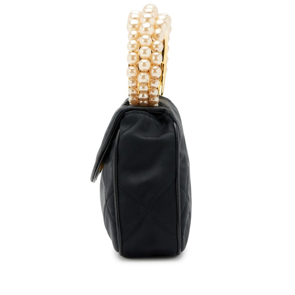 Black Diamond Quilt Satin Imitation Pearl Bracelet Handle Mini Evening Flap Bag Gold Hardware, 1989-1991