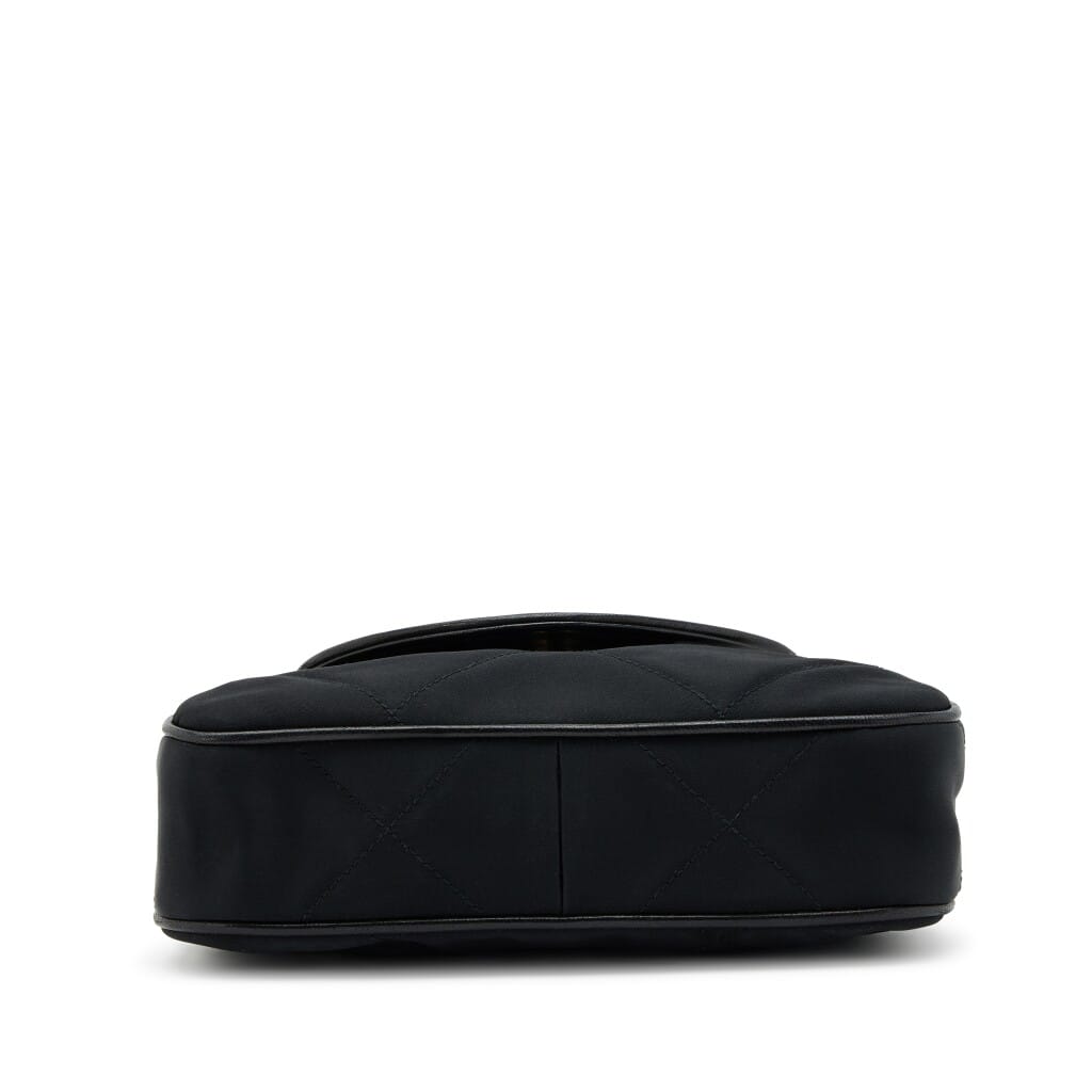 Black Diamond Quilt Satin Imitation Pearl Bracelet Handle Mini Evening Flap Bag Gold Hardware, 1989-1991