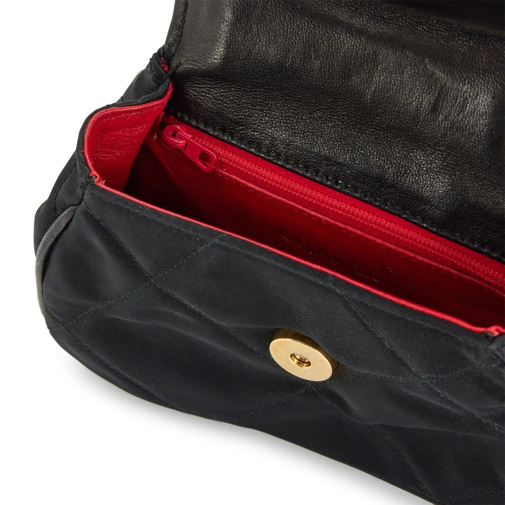 Black Diamond Quilt Satin Imitation Pearl Bracelet Handle Mini Evening Flap Bag Gold Hardware, 1989-1991