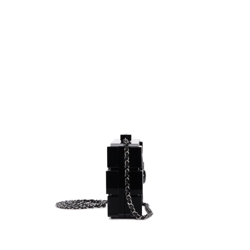 Black Plexiglass and Silver and Bronze Strass Crystal Supermarket Boy Brick Lego Minaudiere Clutch Ruthenium Hardware, 2014