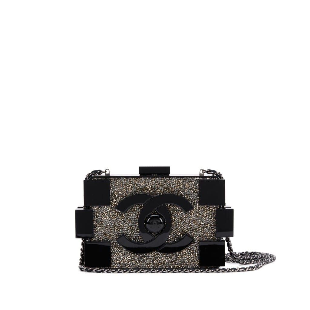 Black Plexiglass and Silver and Bronze Strass Crystal Supermarket Boy Brick Lego Minaudiere Clutch Ruthenium Hardware, 2014