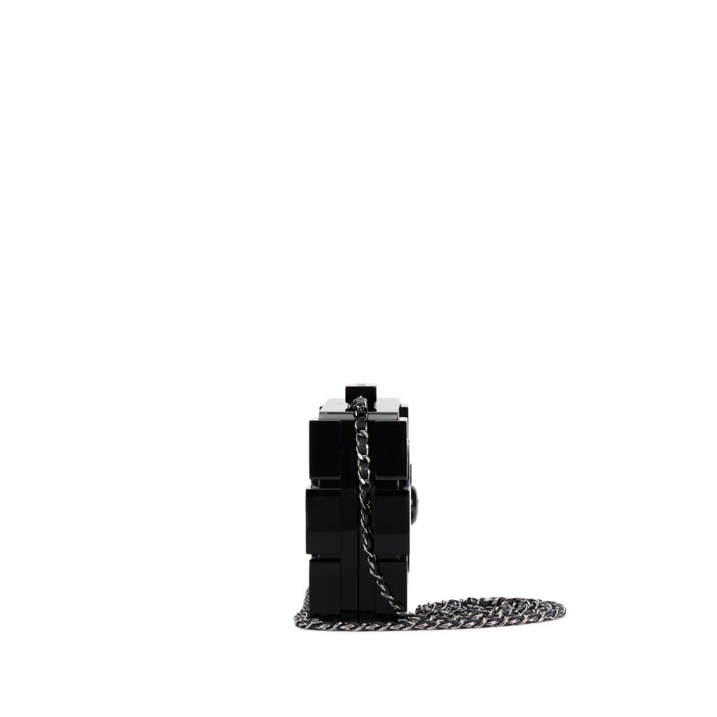 Black Plexiglass and Silver and Bronze Strass Crystal Supermarket Boy Brick Lego Minaudiere Clutch Ruthenium Hardware, 2014