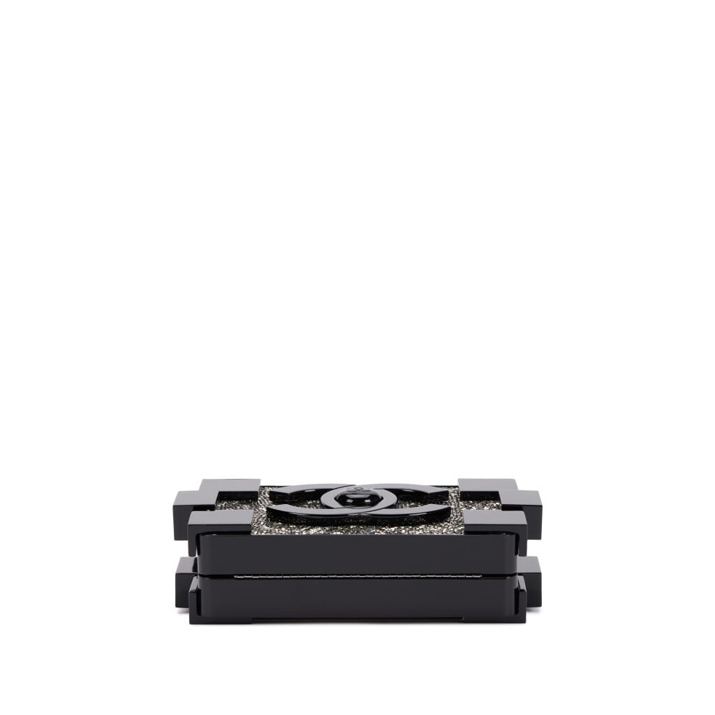 Black Plexiglass and Silver and Bronze Strass Crystal Supermarket Boy Brick Lego Minaudiere Clutch Ruthenium Hardware, 2014