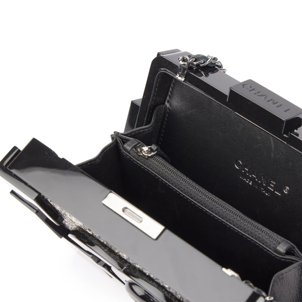 Black Plexiglass and Silver and Bronze Strass Crystal Supermarket Boy Brick Lego Minaudiere Clutch Ruthenium Hardware, 2014