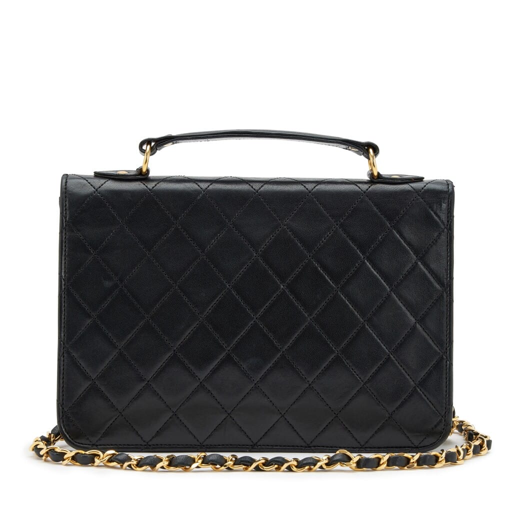 Black Quilted Lambskin CC Turn Lock Mini Briefcase Bag Gold Hardware, 1986-1988