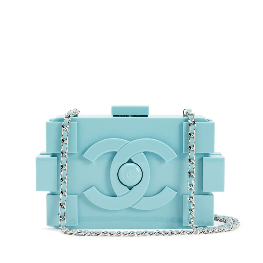 Light Baby Blue Plexiglass Supermarket Boy Brick Lego Minaudière Clutch Silver Hardware, 2014