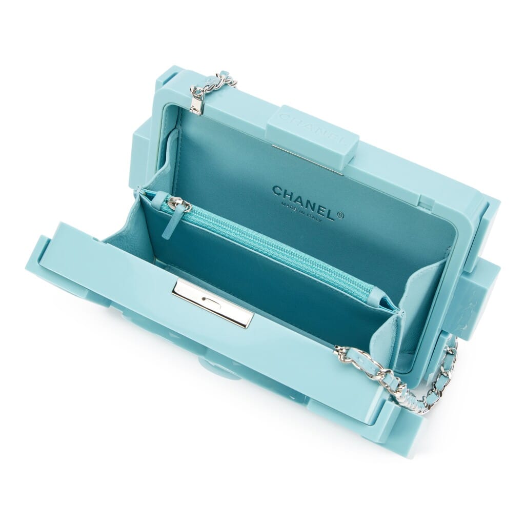 Light Baby Blue Plexiglass Supermarket Boy Brick Lego Minaudière Clutch Silver Hardware, 2014