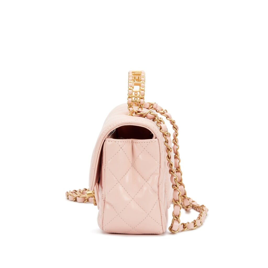 Pink Quilted Lambskin Crystal Mini Top Handle Flap Bag Aged Gold Hardware, 2024