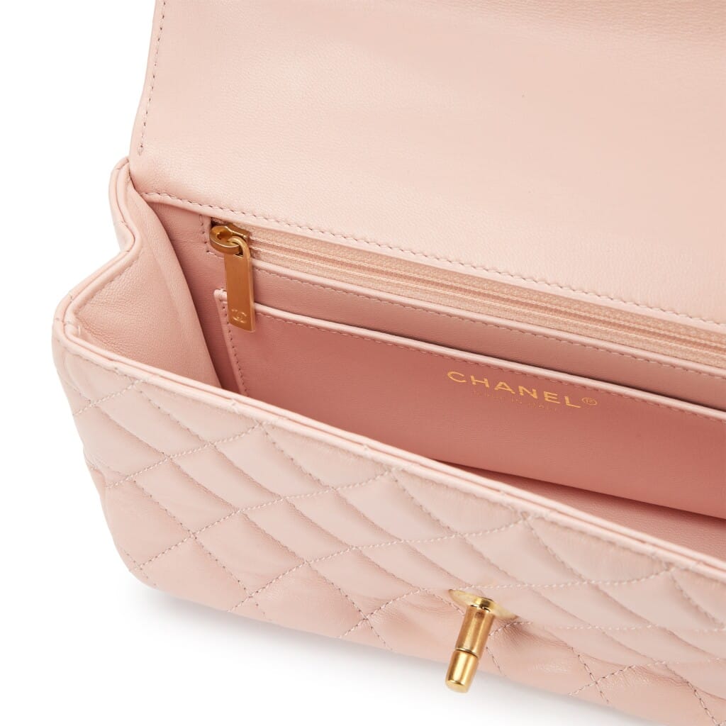 Pink Quilted Lambskin Crystal Mini Top Handle Flap Bag Aged Gold Hardware, 2024