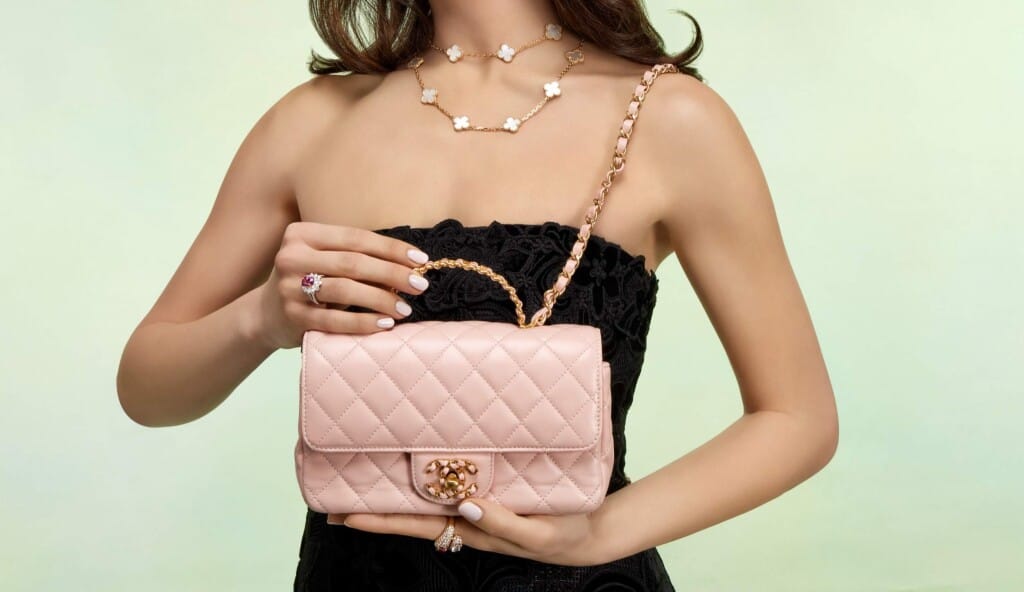 Pink Quilted Lambskin Crystal Mini Top Handle Flap Bag Aged Gold Hardware, 2024
