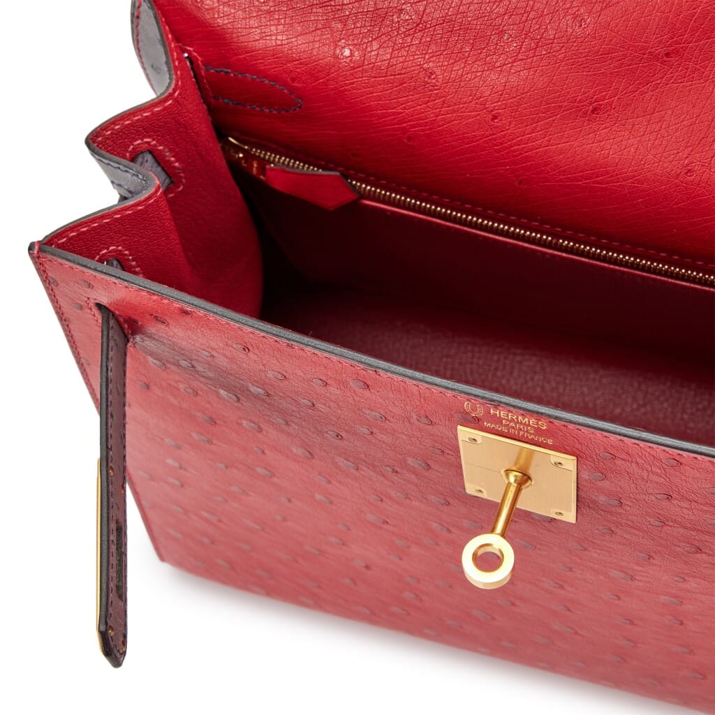 Rouge Vif and Gris Agate Ostrich Sellier HSS Kelly 28 Brushed Gold Hardware, 2017