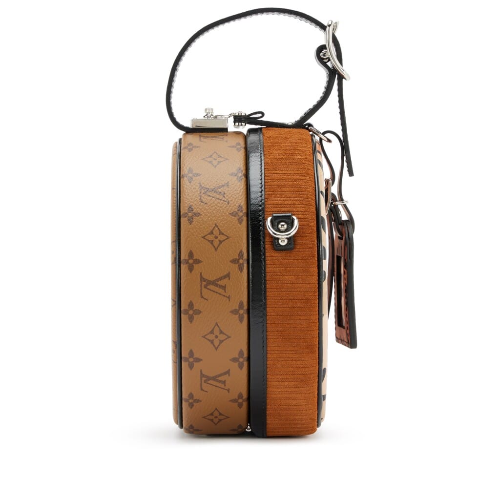 Brown Reverse Monogram Canvas, Corduroy, and Leopard Petit Boite Chapeau Souple Bag Silver Hardware, 2018