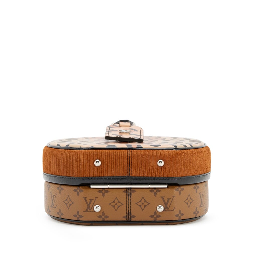 Brown Reverse Monogram Canvas, Corduroy, and Leopard Petit Boite Chapeau Souple Bag Silver Hardware, 2018