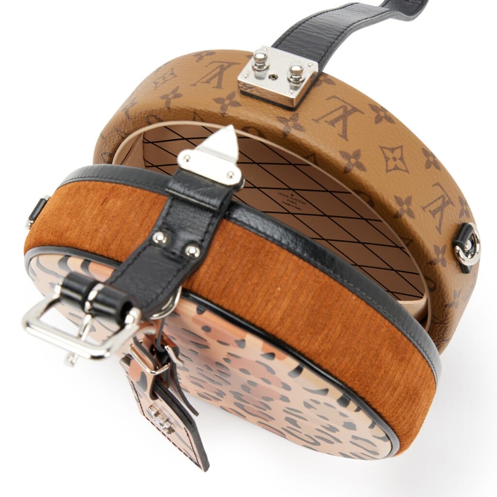 Brown Reverse Monogram Canvas, Corduroy, and Leopard Petit Boite Chapeau Souple Bag Silver Hardware, 2018