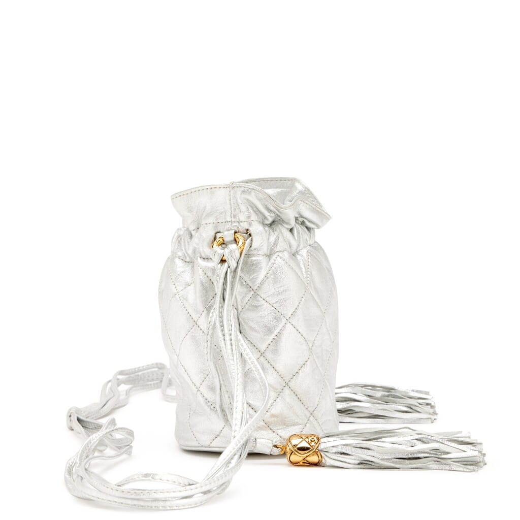 Silver Quilted Lambskin Drawstring Tassel Bag Gold Hardware, 1989-1991