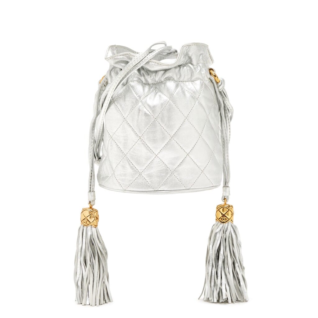 Silver Quilted Lambskin Drawstring Tassel Bag Gold Hardware, 1989-1991