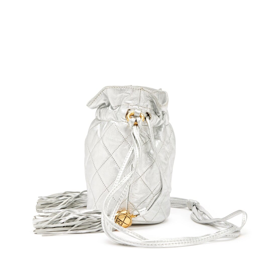 Silver Quilted Lambskin Drawstring Tassel Bag Gold Hardware, 1989-1991