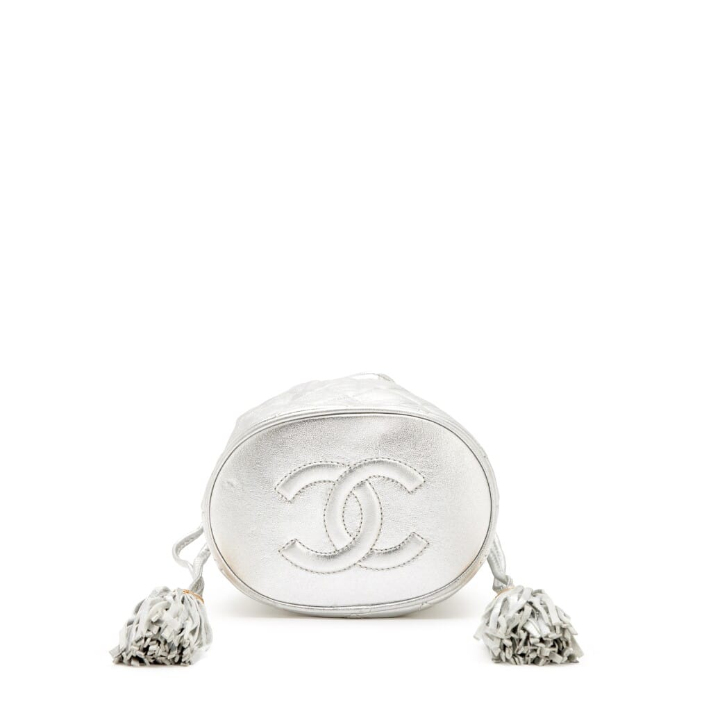 Silver Quilted Lambskin Drawstring Tassel Bag Gold Hardware, 1989-1991
