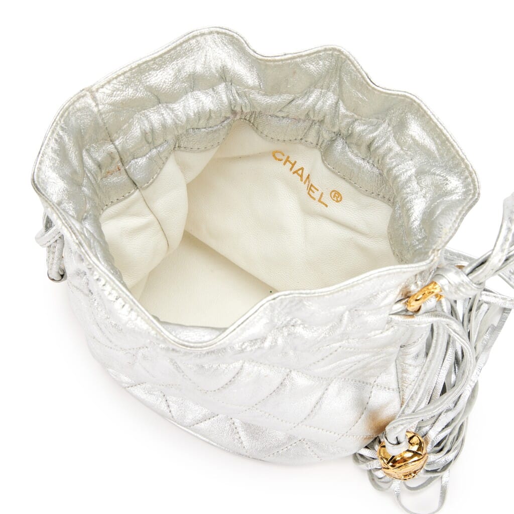 Silver Quilted Lambskin Drawstring Tassel Bag Gold Hardware, 1989-1991