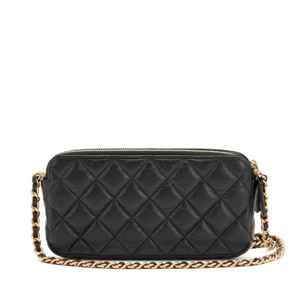 Black Quilted Aged Calfskin Lucky Charms 2.55 Reissue Double Zip Clutch With Chain Gold Hardware, 2017