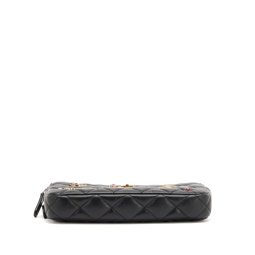 Black Quilted Aged Calfskin Lucky Charms 2.55 Reissue Double Zip Clutch With Chain Gold Hardware, 2017