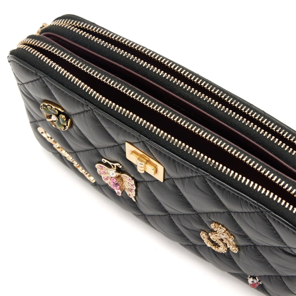 Black Quilted Aged Calfskin Lucky Charms 2.55 Reissue Double Zip Clutch With Chain Gold Hardware, 2017