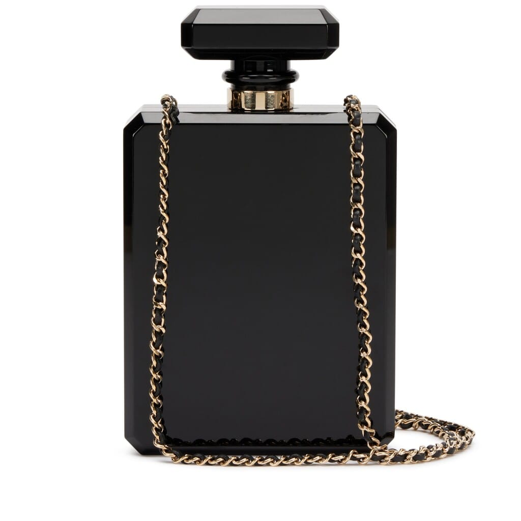 Black and Gold Glitter Plexiglass Faux Pearl Embellished Perfume Bottle Minaudière Gold Hardware, 2017