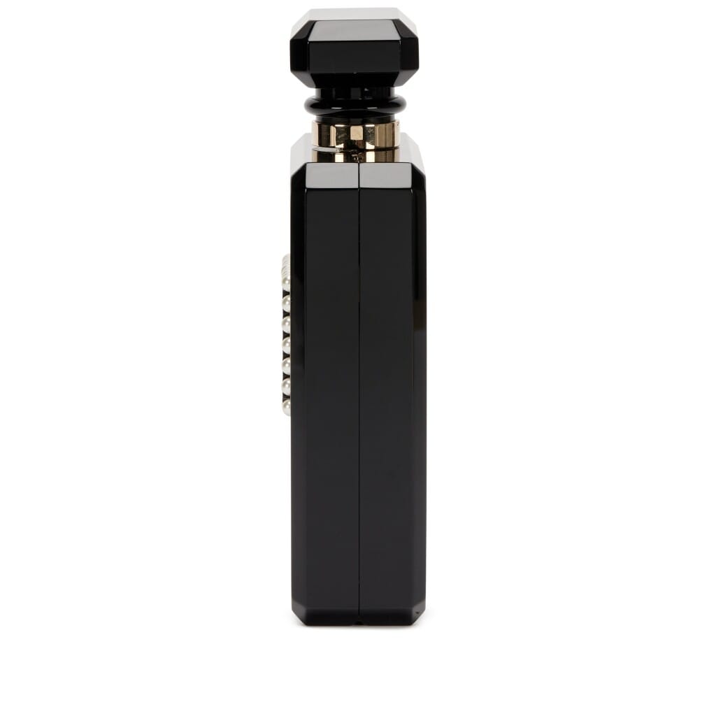 Black and Gold Glitter Plexiglass Faux Pearl Embellished Perfume Bottle Minaudière Gold Hardware, 2017