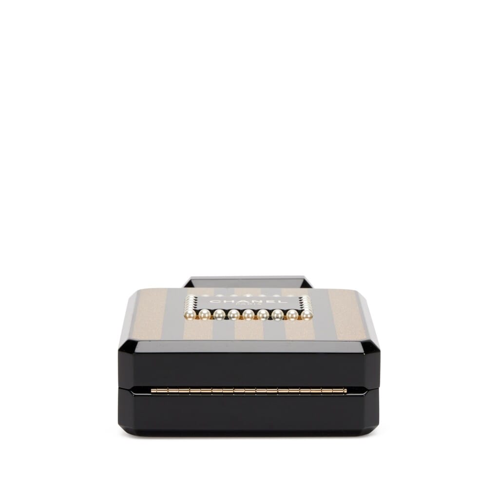 Black and Gold Glitter Plexiglass Faux Pearl Embellished Perfume Bottle Minaudière Gold Hardware, 2017