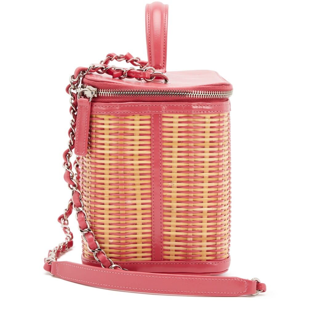 Pink Glazed Calfskin and Raffia Vanity Case Bag Silver Hardware, 2019